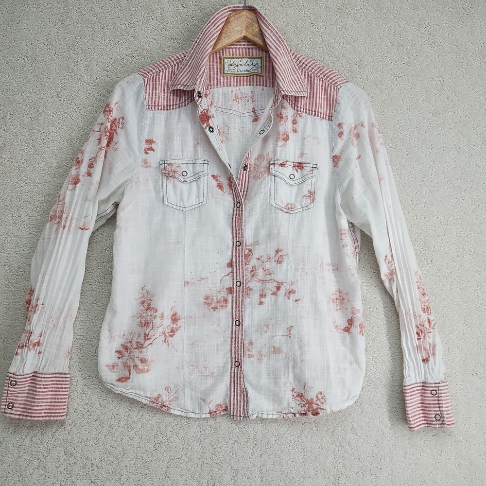 Sanctuary Shirt Womens M White Floral Button Up Long Sleeve Cotton Striped Yoke